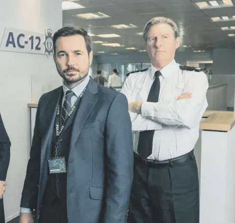  ??  ?? Vicky Mcclure (DS Kate Fleming), Martin Compston (DS Steve Arnott) and Adrian Dunbar (Ted Hastings) in Line of Duty