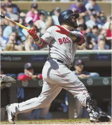  ?? AP PHOTO ?? HOT TO TROT: Catcher Sandy Leon rips one of his two homers in the Sox' win over the Twins on Sunday.