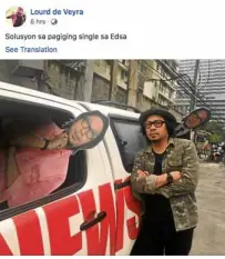  ??  ?? Filipino netizens went to town with memes galore on the new single-driver scheme for Edsa: Criminal lineup; fake companions, including multiple versions of journalist Lourd de Veyra; window stickers for sale.