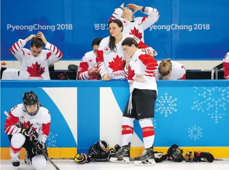  ?? LEAHHENNEL ?? Canadian women’s hockey team members aren’t happy being silver medallists at the 2018 Olympic Winter Games.