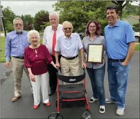  ?? EVAN BRANDT — MEDIANEWS GROUP ?? From left, Brian Parkes, executive director of the Tri-County Active Adult Center, Martha Pish, State Rep. Tim Hennessey, Chester Pish, Pottstown Mayor Stephanie Henrick and state Rep. Joe Ciresi.