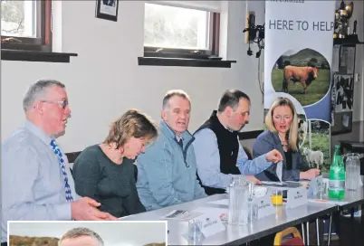  ?? 06_a03nfus08 ?? The panel prepares to face Argyll NFUS members. From left to right, Andrew McCornick, Marion MacCormick, John Dickson (chairman), John Sleigh and Alison Milne.