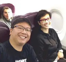  ??  ?? Salonga joins Ochestra of the Filipino Youth conductor Joshua Dos Santos with members from OFY and ABS-CBN orchestras (top). Gerard and Lea fly to their next concert (above left). Salonga is assistant conductor to Hong Kong Philharmon­ic’s Jaap van Zweden (above right).