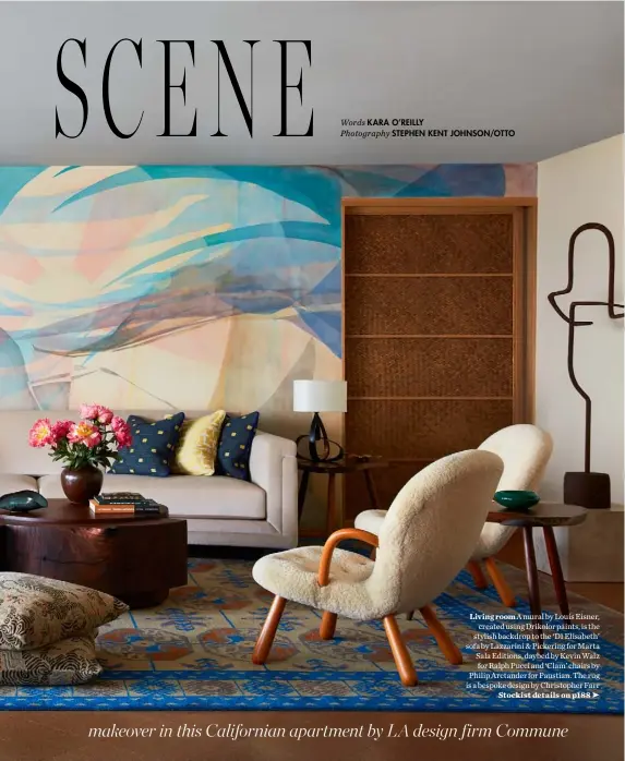  ??  ?? Living room A mural by Louis Eisner,
created using Drikolor paints, is the stylish backdrop to the ‘D1 Elisabeth’ sofa by Lazzarini & Pickering for Marta Sala Editions, daybed by Kevin Walz for Ralph Pucci and ‘Clam’ chairs by Philip Arctander for Paustian. The rug is a bespoke design by Christophe­r Farr
Stockist details on p188
➤