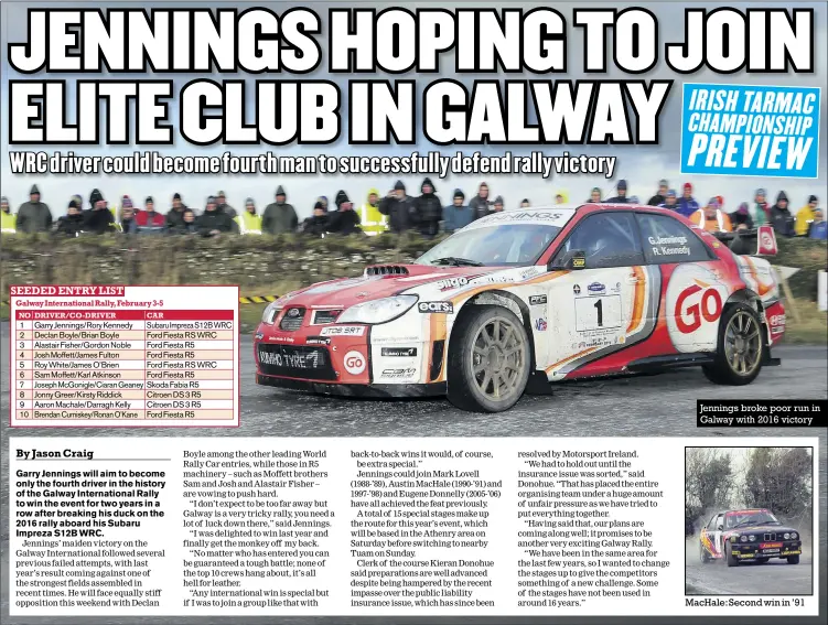  ?? Photos: Roy Dempster, Jakob Ebrey, William Neill, Rallyretro ?? Jennings broke poor run in Galway with 2016 victory Machale: Second win in ’91