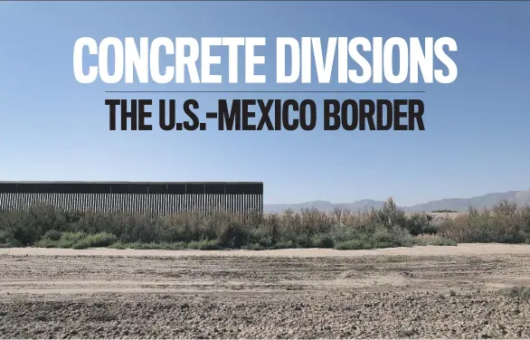  ?? JOHN MOORE/ GETTY IMAGES ?? The U.S.-Mexico border fence stops while passing through farmland near Fort Hancock, Texas. Throughout vast stretches of West Texas, the fence starts and stops along the bank of the Rio Grande, which is often nearly drained due to irrigation for crops....