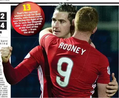  ??  ?? Two’s trouble: double-goal hero McLean is hugged by team-mate Rooney, who also struck twice