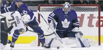  ?? JACK BOLAND ?? Ryan Reaves of the Vegas Golden Knights gets a shot off at Toronto Maple Leafs goaltender Frederik Andersen on Tuesday. Andersen stopped all eight shots he faced in the third period en route to a Leafs win.