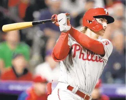  ?? DAVID ZALUBOWSKI/AP ?? Philadelph­ia Phillies infielder Bryson Stott was recalled from Triple-A on Saturday with Didi Gregorius placed on the 10-day injured list with a knee issue.