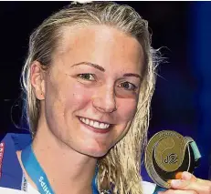  ??  ?? (from top) Katinka Hosszu of Hungary with her 200m individual medley gold; Benjamin Proud of Britain (50m butterfly) and Sarah Sjostrom of Sweden (100m butterfly). – Agencies Seeing gold: