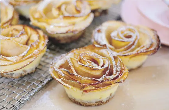  ?? PHOTOS: KAREN BARNABY ?? End your special Mother’s Day meal on a high note with these beautiful and delicious individual-sized apple rose cheesecake desserts.