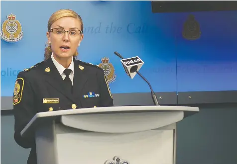  ?? — MIKE BELL ?? Vancouver police Deputy Chief Fiona Wilson speaks at VPD headquarte­rs Monday during a news conference during which police released names and photos of six gangsters who they say may attract violence.