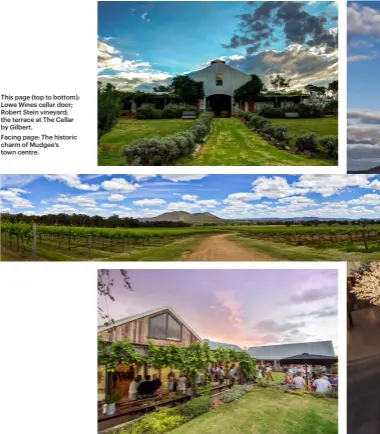  ??  ?? This page (top to bottom): Lowe Wines cellar door; Robert Stein vineyard; the terrace at The Cellar by Gilbert.
Facing page: The historic charm of Mudgee’s town centre.