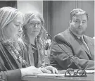  ?? KINGA BORONDY/TELEGRAM & GAZETTE ?? From left, a representa­tive of DoorDash, Katie Franger, public relations manager for Uber, and Brendan Joyce, public policy manager Northeast for Lyft, speak at the special Joint Committee hearing on the proposed ballot initiative­s; focusing on six related questions that would determine the status of ride-share drivers working for app-based technologi­cal companies.