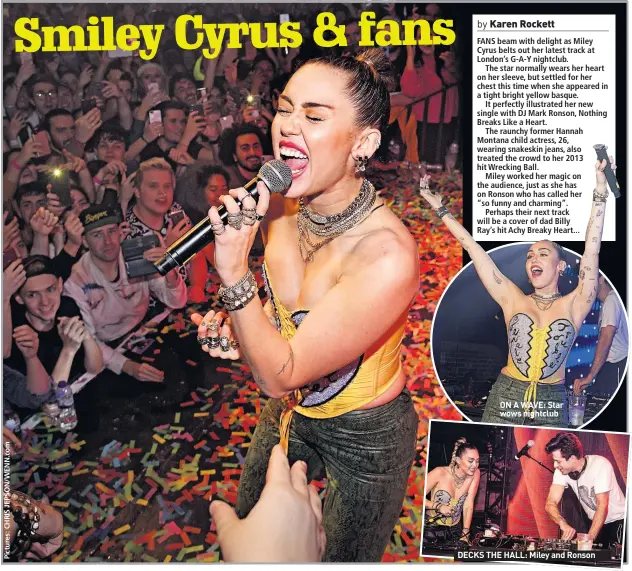  ??  ?? ON A WAVE: Star wows nightclubD­ECKS THE HALL: Miley and Ronson