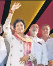  ?? SANJEEV SHARMA/HT ?? Haryana Congress chief Kumari Selja kept the focus on local issues during her campaign at Pinjore in Kalka segment.