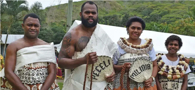  ?? Photo: Waisea Nasokia ?? From left: Setareki Tawakevou, Fiji Airways Flying Fijians forward Peceli Yato, wife Milinia and Kasanita Naraya at the Saioni Methodist Church in Narewa, Waicoba in Nadroga on October 25, 2019.