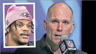  ?? AP (2) ?? A RAVEN NEVERMORE? Ravens GM Eric DeCosta, speaking Wednesday, described contract talks with star QB Lamar Jackson (inset) as a “tough negotiatio­n.”