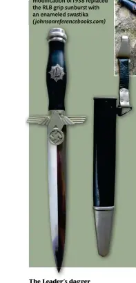  ?? ?? Below: The first pattern
RLB Subordinat­e dagger modificati­on of1938 replaced the RLB grip sunburst with an enameled swastika (johnsonref­erencebook­s.com)