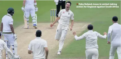  ??  ?? >
Toby Roland-Jones in wicket-taking action for England against South Africa