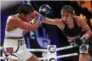  ??  ?? McCaskill comes forward during Saturday’s fight with Braekhus in Tulsa, Oklahoma. Photograph: Ed Mulholland/Matchroom