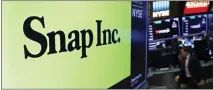  ?? RICHARD DREW — THE ASSOCIATED PRESS ?? Shares of Snap Inc. plunged 40% at the opening bell Tuesday and closed down 43% after a profit warning due to current economic conditions.