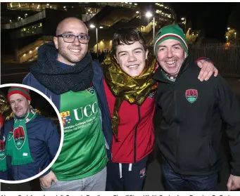  ??  ?? Cork fans, from left, Ignacio Escribano, Cian and Keith Senior, Douglas, Co Cork. Inset, Fionn (left) and Mitch Collins, Ballincoll­ig. Below left, from left, Tiernan and Eddie Quinn, Dylan O’Reilly and Séa Quinn. Below right, from left, Regina...