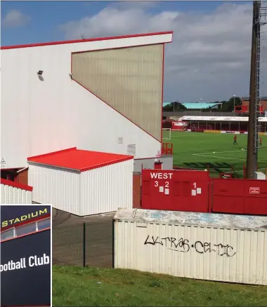  ??  ?? It is believed the new stadium will be designed in the model of some Scottish grounds, including Hamilton’s Superseal Stadium (pictured and inset). Below, Joan Martin (left) and John Delaney with Drogs fan Mary Reynolds on a visit to St Ita’s school in 2017.