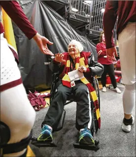  ?? NUCCIO DINUZZO / CHICAGO TRIBUNE ?? Loyola Ramblers team chaplain Sister Jean Dolores Schmidt, 98, is a campus celebrity who dispenses both prayer and scouting insights to the team’s players. She played high school basketball in the 1930s.