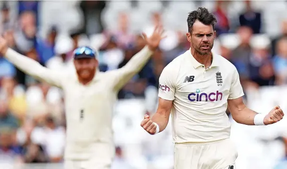 ??  ?? England’s Jimmy Anderson celebrates the wicket of India’s KL Rahul during day three of Cinch First Test match at Trent Bridge, Nottingham.
Tim Goode