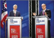  ?? COLUMBUS DISPATCH ?? Senate candidates Rob Portman (left) and Ted Strickland face off in a 2016 debate. Strickland was the subject of an undercover report by Project Veritas, which is seeking to go undercover in 2020 campaigns.