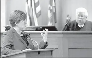  ?? Milwaukee Journal-Sentinel/C.T. KRUGER ?? Defense attorney Maura McMahon makes closing arguments in Waukesha, Wis., on Friday in the case of Anissa Weier, 15, who has admitted to helping her friend attack their classmate as a tribute to the horror character Slender Man.