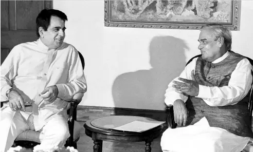  ??  ?? DRAMATIC OUTREACH: In 1999, actor Dilip Kumar, a long-time Congress loyalist, met then prime minister Atal Bihari Vajpayee to quell protests against him for accepting Pakistan’s highest civilian award