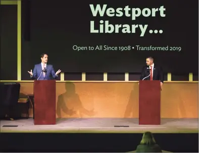  ?? Tyler Sizemore / Hearst Connecticu­t Media ?? U.S. Rep. Jim Himes, D-Conn., left, and Republican challenger Jonathan Riddle speak during the 4th District debate at the Westport Library’s Trefz Forum on Sunday.