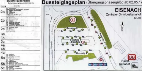  ??  ?? Nutzbar sind ab Dienstag,  Uhr, der südliche Bussteig  und der nördliche Bussteig  für den Regionalve­rkehr. Der Plan zeigt, wo welche Linien abfahren. Bussteig  (ganz rechts) und die neue Fahrgastín­formation (rechts unten) sind noch nicht fertig...