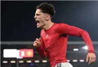  ?? (AFP) ?? Manchester United’s Alejandro Garnacho celebrates after scoring his team’s second goal during the English Premier League match against Fulham in London yesterday.