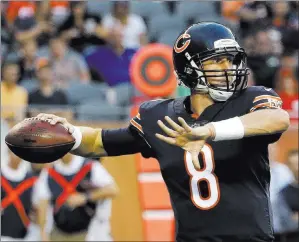  ?? Nam Y. Huh ?? The Associated Press Chicago Bears quarterbac­k Mike Glennon had a rough go in the exhibition opener against the Denver Broncos, going 2-for-8 passing for 20 yards with an intercepti­on.