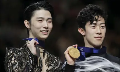  ??  ?? Yuzuru Hanyu and Nathan Chen with their silver and gold medals at this month’s world championsh­ips. Photograph: Andy Wong/AP