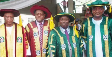  ??  ?? Pro Chancellor, University of Abuja, Alh Kabiru Maikudi(left) Representa­tive of President Buhari and Deputy Executive Secretary, Academic, National Universiti­es Commission, Prof Chiedu Mafina, Awardees, General Superinten­dent, Deeper Life Christian...