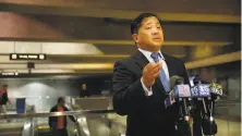  ?? Lea Suzuki / The Chronicle 2014 ?? James Fang speaks during a news conference on BART’s earthquake preparedne­ss at Embarcader­o Station in 2014.