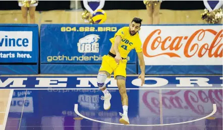  ??  ?? Irvan Brar is the power-hitting engine that drives the University of B.C. Thunderbir­ds men’s volleyball team, which finished the season 20-4 and begins its playoff run Thursday against the Manitoba Bisons.