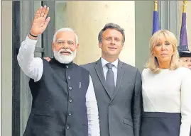  ?? AP ?? Prime Minister Narendra Modi with French president Emmanuel Macron and his wife Brigitte Macron, at the Elysee palace in Paris, on Wednesday.