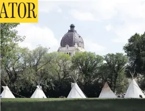  ?? TROY FLEECE / POSTMEDIA NEWS ?? Five teepees at the Justice for our Stolen Children camp. Protesters set up the camp in late February in the aftermath of controvers­ial verdicts in two trials.