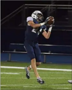  ?? PETE BANNAN — DIGITAL FIRST MEDIA ?? Episcopal Academy’s Jack Bush hauls in a pass which he took for an 89-yard touchdown in the first half. EA used a strong second to rally past Springside Chestnut Hill, 3625, Friday.