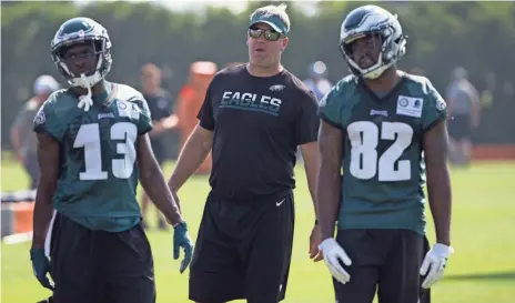  ?? BILL STREICHER, USA TODAY SPORTS ?? Eagles coach Doug Pederson, with receivers Nelson Agholor (13) and Torrey Smith (82), will still be involved in calling plays.