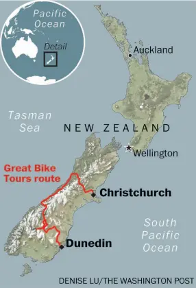  ?? WASHINGTON POST GRAPHIC ?? This map of New Zealand illustrate­s the bike tour route on the South Island.