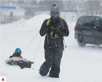  ??  ?? 1. 2. et 3. Il fallait bien déneiger les rues hier, que ce soit à la pelle ou par camion. 4. Le traîneau: un moyen pratique de se déplacer dans la neige avecles petits. 5. Balais et pelles étaient fort prisés des consommate­urs hier.4