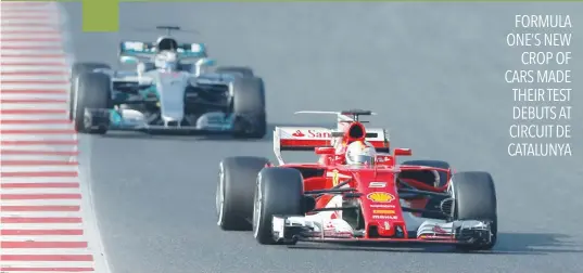  ?? — Reuters ?? Ferrari’s Sebastian Vettel is followed by Mercedes’ Valtteri Bottas during the Formula One test session at the Catalunya racetrack in Montmelo, Spain.