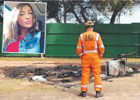 ?? Picture: ALISON WYND ?? MAIN: The remains of the fatal tent fire at the Geelong Showground­s. INSET: Victim Maddison Parrott.