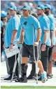  ?? ASSOCIATED PRESS ?? Carolina Panthers' tight end Greg Olsen stands on crutches after breaking his foot on Sunday.